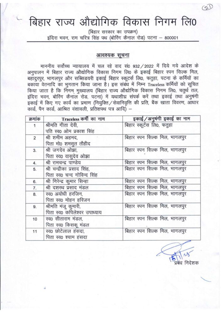 Bhagalpur Spun Mill: बंद मिल के जिन कर्मियों को मिलना है बकाया वेतन, उनको औद्योगिक विकास निगम ने बताया ट्रेसलेस 1 Bhagalpur Spun Mill: बंद मिल के जिन कर्मियों को मिलना है बकाया वेतन, उनको औद्योगिक विकास निगम ने बताया ट्रेसलेस
