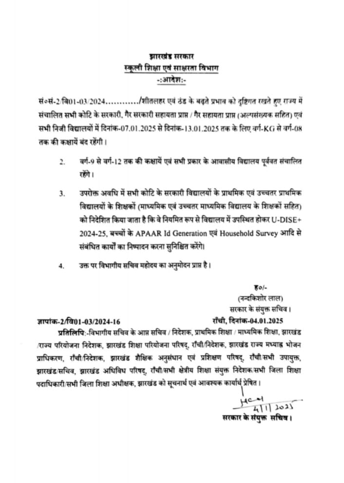 Jharkhand News: झारखंड में 13 जनवरी तक बंद रहेंगी KG से 8वीं तक की कक्षाएं, जारी हुआ आदेश 1 Jharkhand News: झारखंड में 13 जनवरी तक बंद रहेंगी KG से 8वीं तक की कक्षाएं, जारी हुआ आदेश