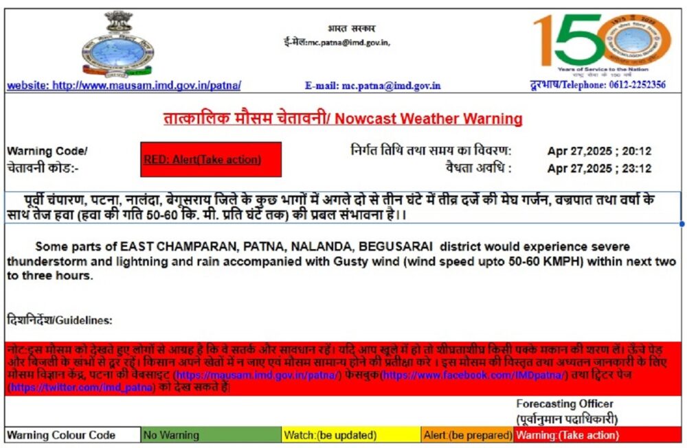 बिहार में मौसम का कहर: पटना समेत चार जिलों में रेड अलर्ट, भारी बारिश और तूफान की चेतावनी 1 बिहार में मौसम का कहर: पटना समेत चार जिलों में रेड अलर्ट, भारी बारिश और तूफान की चेतावनी